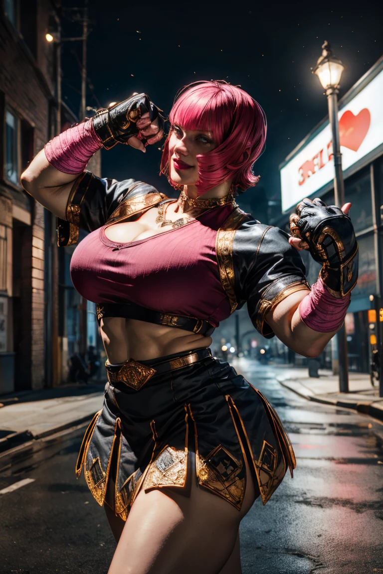 1girl,cowboy shot, beautiful nora_valkyrie, looking at viewer, smile, short hair, blue eyes,heart cutout, gloves,  jacket, pink skirt, pink belt, short sleeves, puffy sleeves, single armband, fingerless gloves, orange hair, pink gloves, dynamic pose, night, outdoors, city, (volumetric lighting), best quality, masterpiece, intricate details, tonemapping, sharp focus, hyper detailed, trending on Artstation,