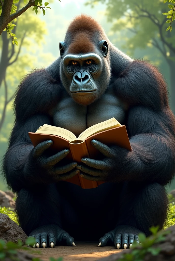 A studious gorilla wearing glasses, reflecting on the contents of a book while standing in a sunny meadow.