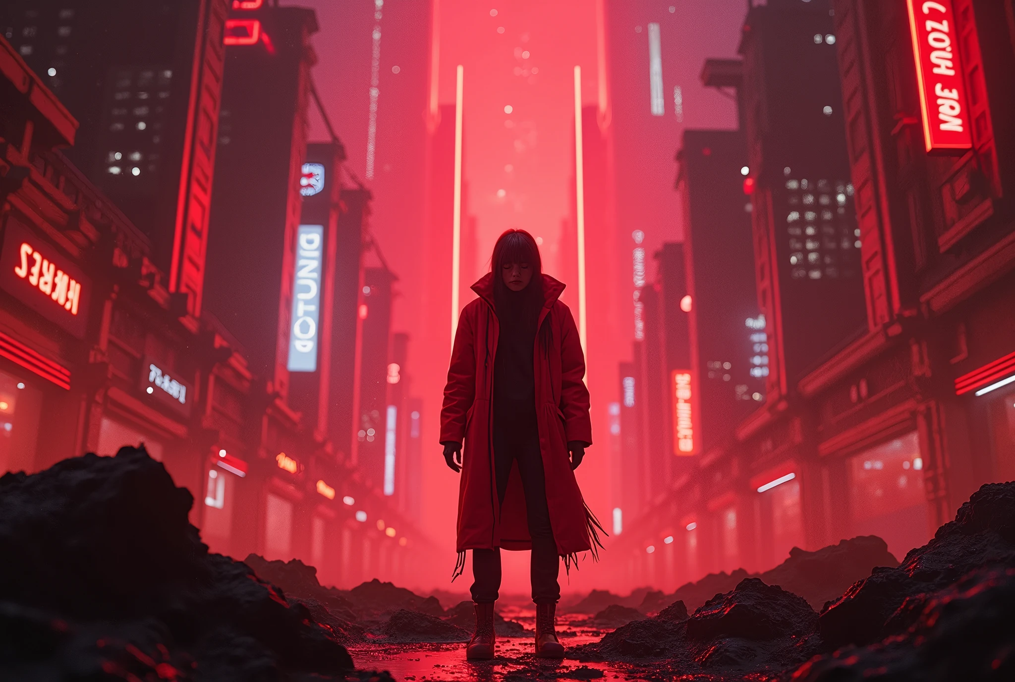 ultra wide angle,(in Atompunk style:1.2),red colors,surrounded by bloody drops,exaggerated perspective,cume bloody drops,(a mother of burning ice:1.3),8k,octane render masterpiece,masterpiece scale,beautiful depth of field,ultra wide field,ultra detailed CG perspective,ultra dynamic lighting amazing shadows,dramatic lighting,(by Agnes Cecile:1.1),
