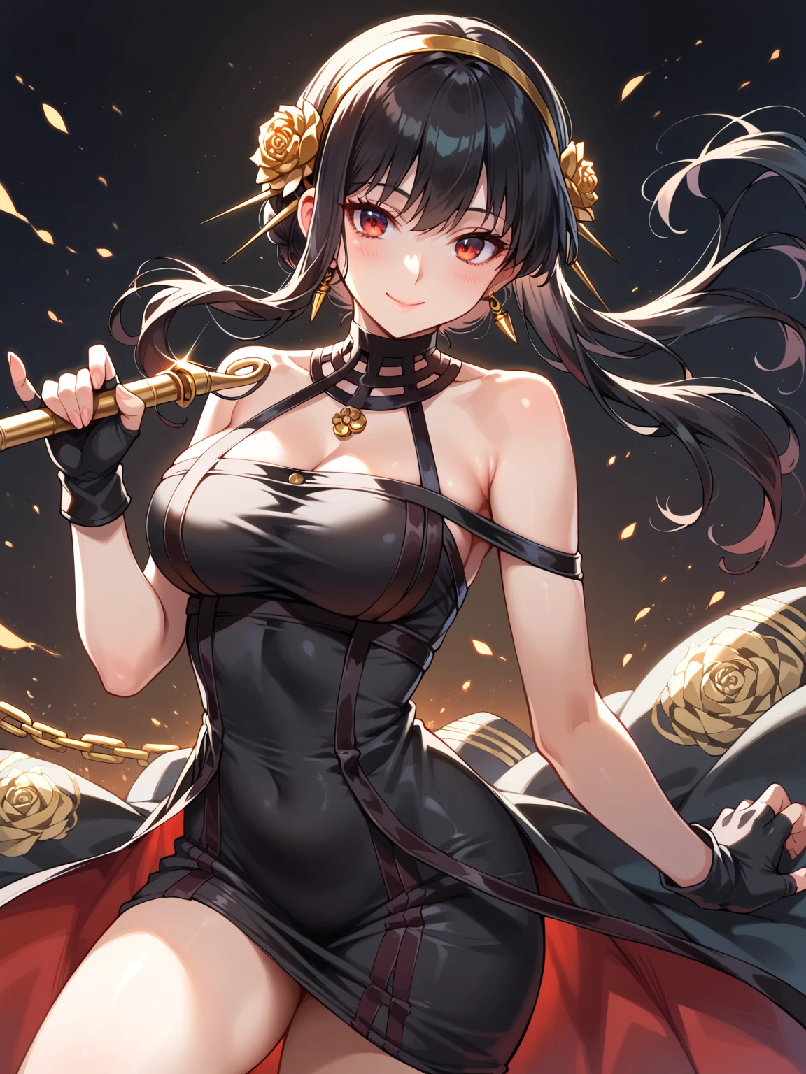 yor briar, anime style beutiful woman, 1girl, happy, smile, red face, closed mouth, beautiful detailed eyes, super detailed skin, backlighting, bare shoulders, black background, black dress, black gloves, black hair, breasts, dress, earrings, fingerless gloves, floating hair, floral print, flower, gloves, gold earrings, gold hairband, hair flower, hair ornament, hairband, holding, holding weapon, jewelry, large breasts, long hair, looking at viewer, off-shoulder dress, off shoulder,red eyes, short hair with long locks, sidelocks, solo, spikes, thighs, two-sided dress, two-sided fabric, weapon, fighting stance , face, close up, from above, highest quality, high resolution.