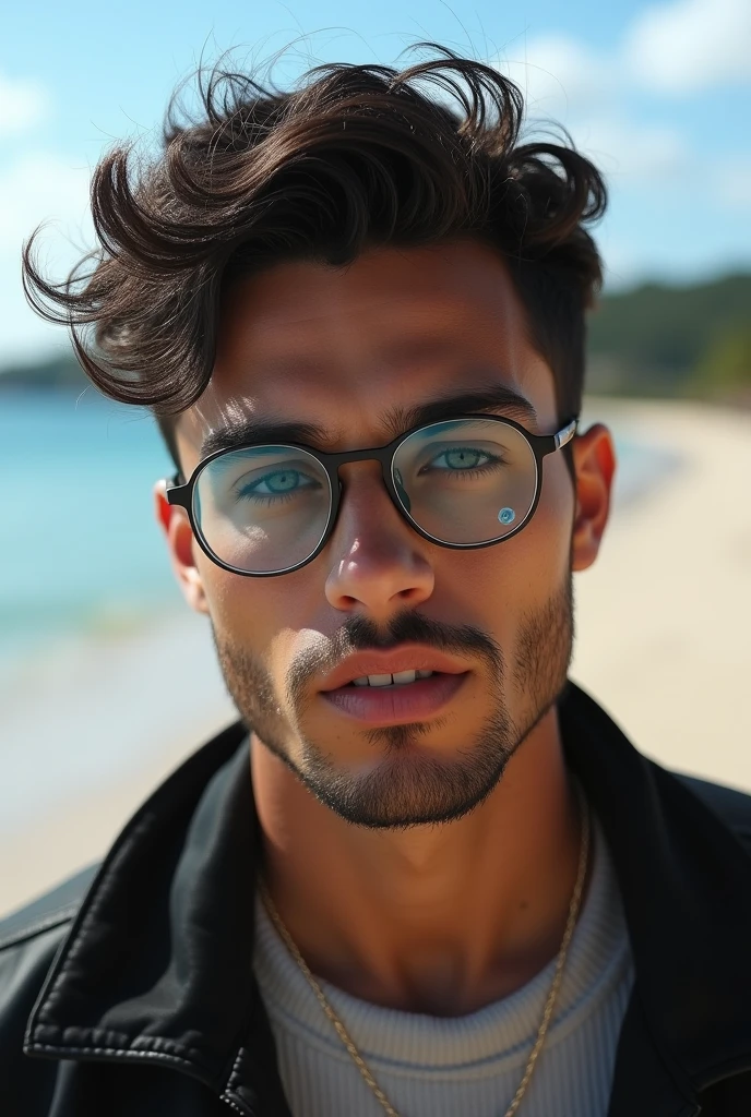 realistic photo, homme caucasien de 20 ans, Kale, yeux verts, cheveux ???? courts, lunettes arrondies, detailed face and body, corps fin, Drawn abdominals, jambes Kales, pied Kales, elongate, beach, sea, sand, natural lighting, high resolution, photorealistic, (best quality,8k,high resolution,head of'artwork:1.2),ultra-detailed,(realistic,photorealistic,photo-realistic:1.37)