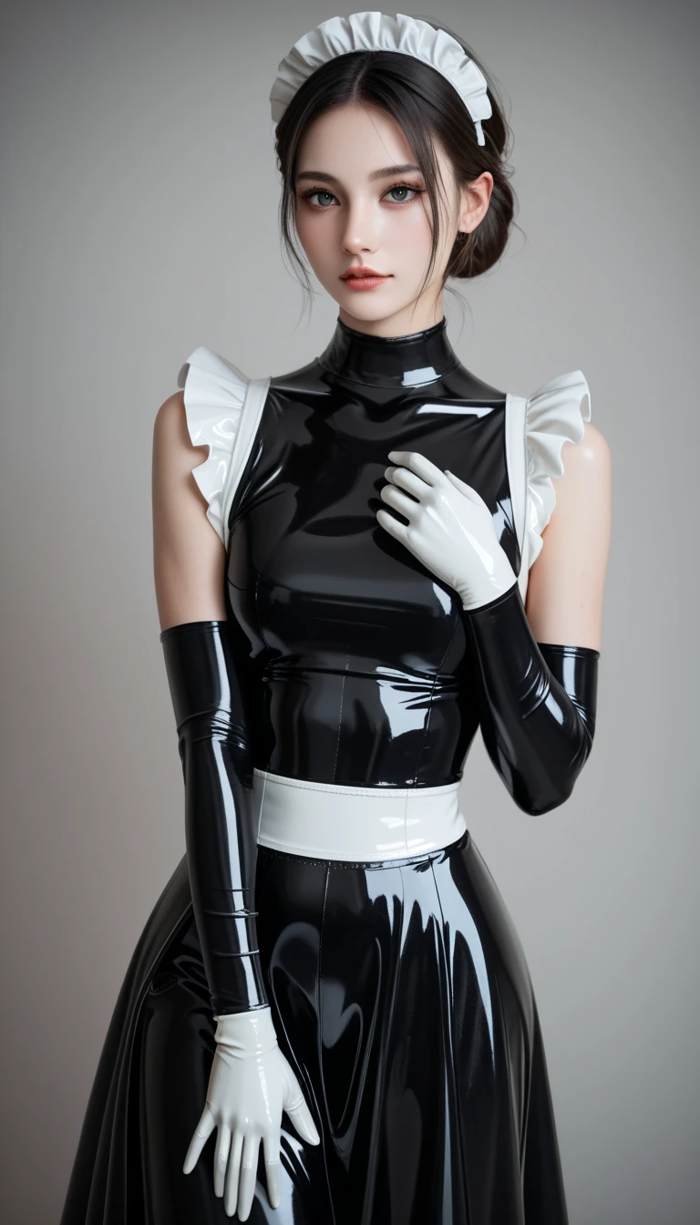 Portraiture、(masterpiece, best quality, ultra high resolution),  Japanese woman with a viewing angle of, ((( very beautiful 25 year old girl))),( Latex Maid Clothes )、( latex long skirt )、(  long sleeve latex shirt that covers the upper body)、 White Latex Gloves 、Latex socks、latex bodysuit、 white frill、 clothes fit the body perfectly 、 latex is very shiny 、darkroom、