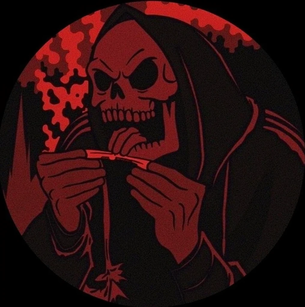 Animate the image of a skeleton reaper dressed in a dark hood , focusing on movements in the background and on a sickle that appears positioned on the character's back. To the bottom, add a continuously moving fog or red smoke effect , keeping the atmosphere dark and macabre . The sickle should appear to sway slightly , as if influenced by a breeze . Ensure that all animated elements complement the original graphic style of the image