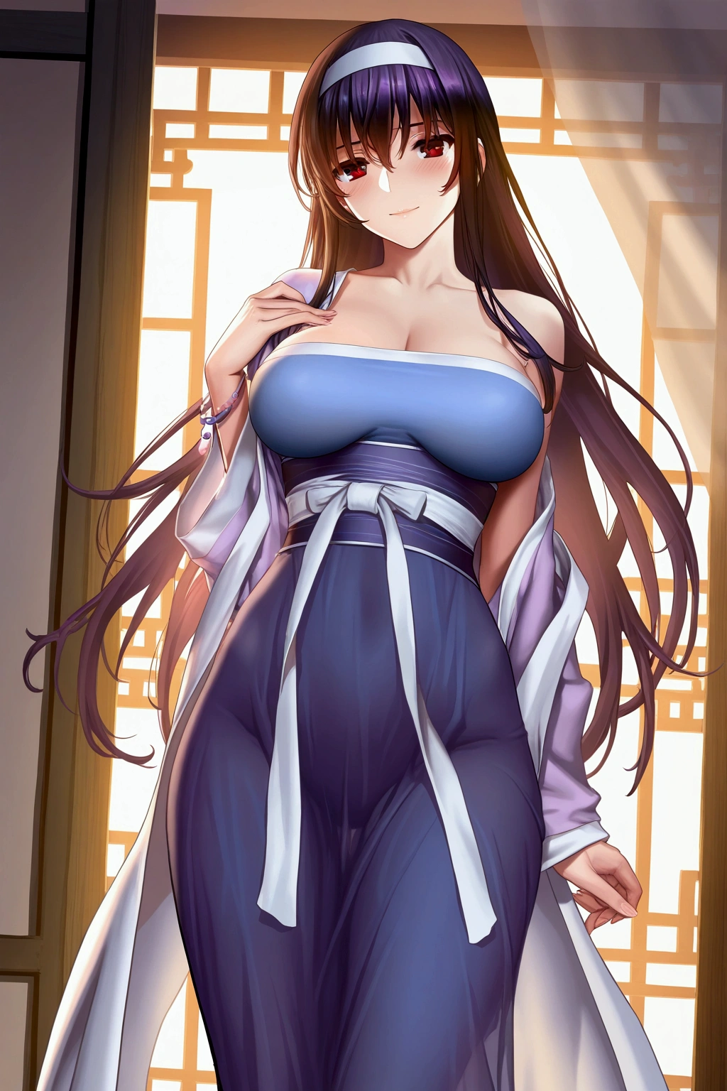 (kasumigaoka_utaha:1.0), seductive_smile, masterpiece, best quality, 8k, official art, cinematic light, ultra high res, perfect female body, guofeng, hanfu, 1girl, solo, chinese clothes, breasts, wide_hips,(mana_(remana):0.7),(belko:0.7),(as109:0.8),