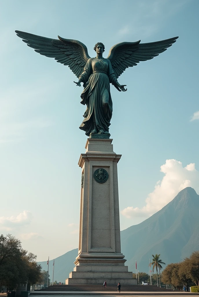 Create an image with an ancient map of South America seen from above and a fallen male angel in the foreground