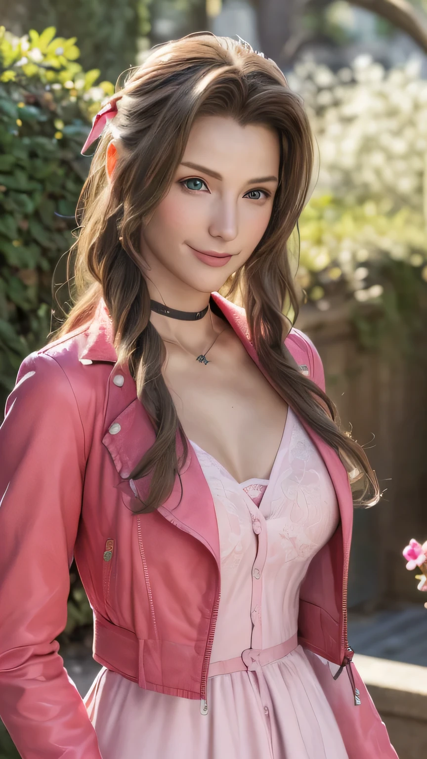 (masterpiece, best quality:1.4), (future days), (full of white flowers), (1girl), ((18 years old)), solo, (european youth:1), aerith gainsborough, choker, cropped jacket, hair bow, bracelet, (((red jaket))), (((pink dress))), brown boots, very long hair, hair ribbons, hair flowers, strapless red dress, high heels hyperrealistic, high detailed skin, dslr, soft lighting, high quality, highly detailed face, highly detailed skin, skin pores, subsurface scattering, realistic pupils, medium breast, full face blush, full lips, detailed background, depth of field, volumetric lighting, sharp focus, absurdres, realistic proportions, good anatomy, ((light smile)), ((looking at viewer)), ((cowboy shot)), (realistic, hyperrealistic:1.4), 16k hdr, , medium breast