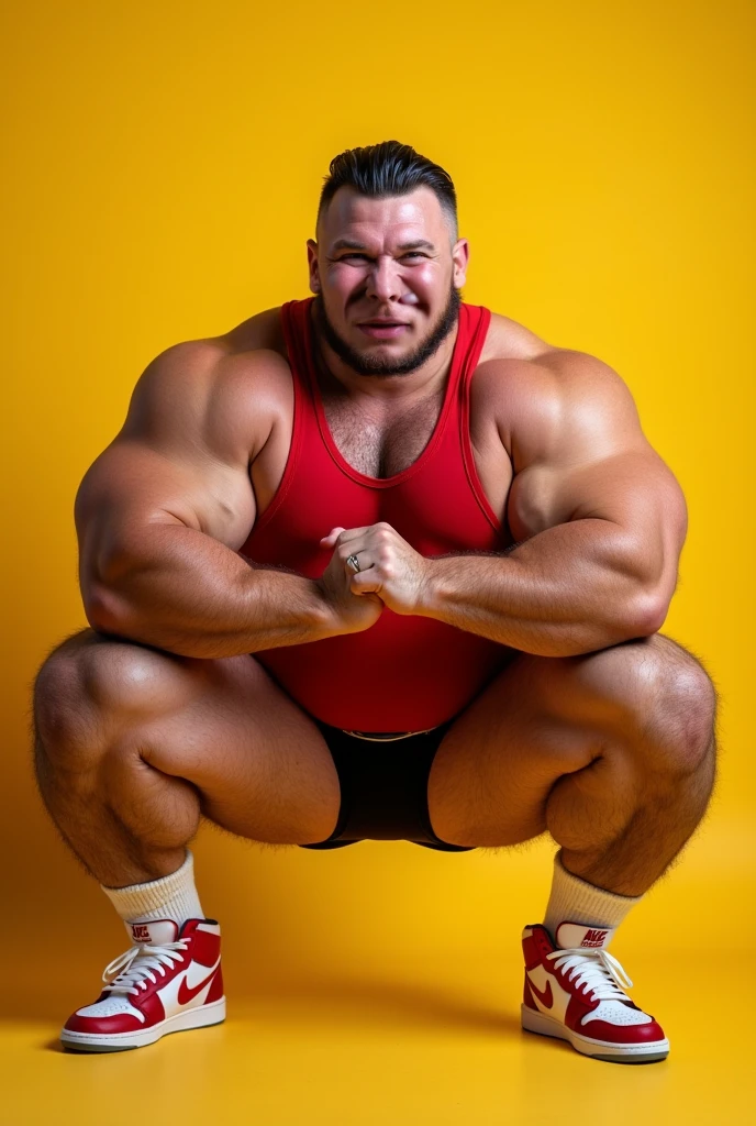 big old muscleman wearing a wrestling singlet in a locker room
