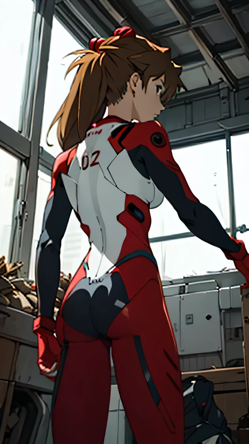 Asuka Langley, Bodysuit , headgear , PLUG SUIT, red Bodysuit , stare at the ruined city of Tokyo through the large glass window, Put your hand on the glass window , from behind, small breasts