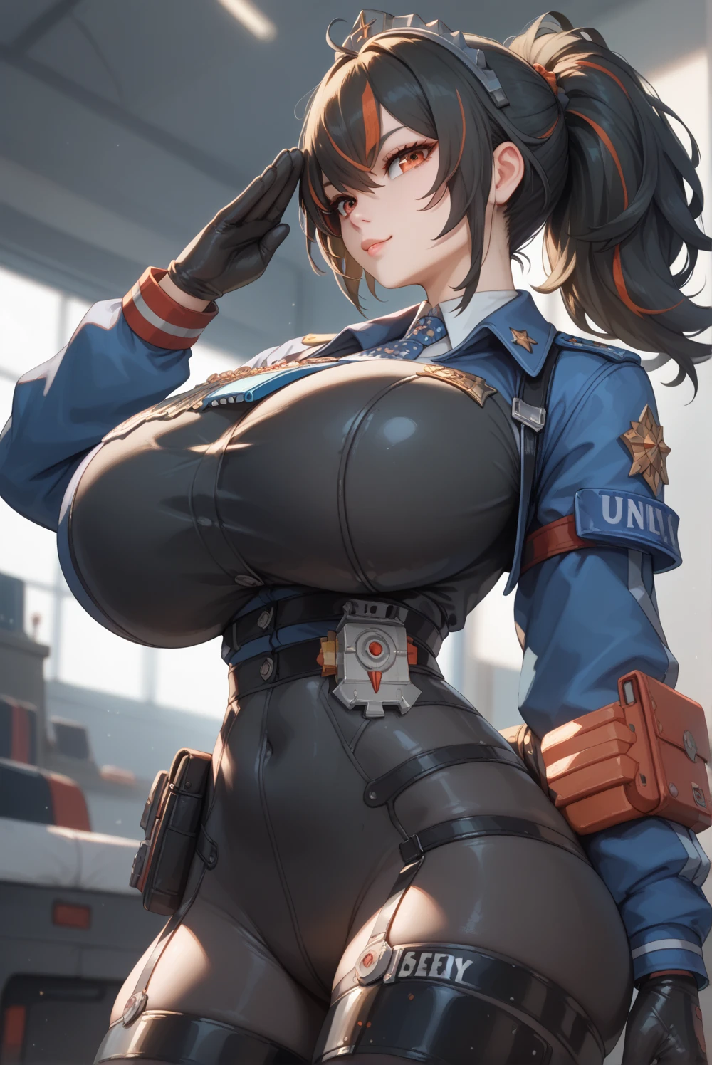 Zhu Yuan,(Black latex suits,military uniform,heneley neck,tight-fitting,stocking,latex gloves,)salute,((gigantic huge busty,)),solo girl,