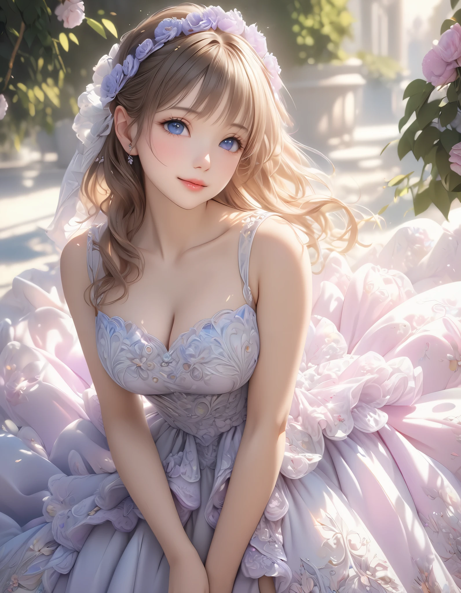(masterpiece, Highest quality, Ultra-high resolution), German Woman, (((Very beautiful 25 year old girl))), pretty girl, Look at the photographer, ((Beautiful hairstyle)), Very cute face, Glossy Lips, Double eyelids on both eyes, Natural smile, Natural Makeup, Long eyelashes, Shiny and smooth hair, Center image, Perfect limbs, Perfect Anatomy, (((Princess Dress))), (city gate), look, peace sign