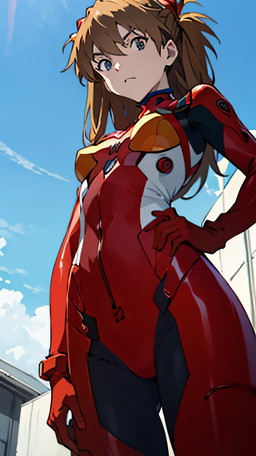 Asuka　Langley,  Bodysuit ,  headgear ,  PLUG SUIT, red  Bodysuit ,Open your crotch and stare ,Photo from below, small breasts