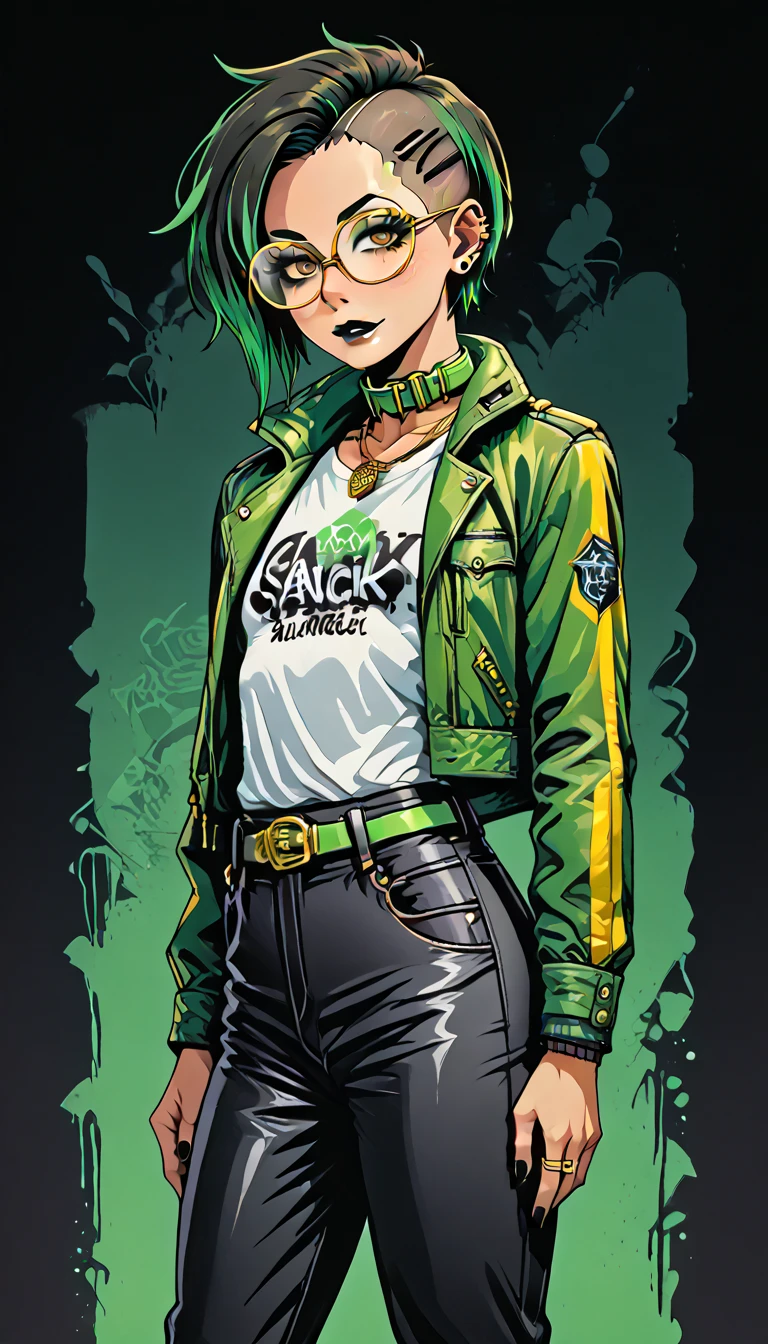 1boy;Androgynous;Japanese;dark brown punk undercut hair;gold eyes;freckled skin;toned,athletic body;black lip gloss;black eyeliner;green eyeshadow;sharp black nails;round glasses;black tight shirt;black Cargo pants;green belt;Green Canvas Jacket;Combat Boots;amber pendant;green collar;pierced ears;GothMOONXL
