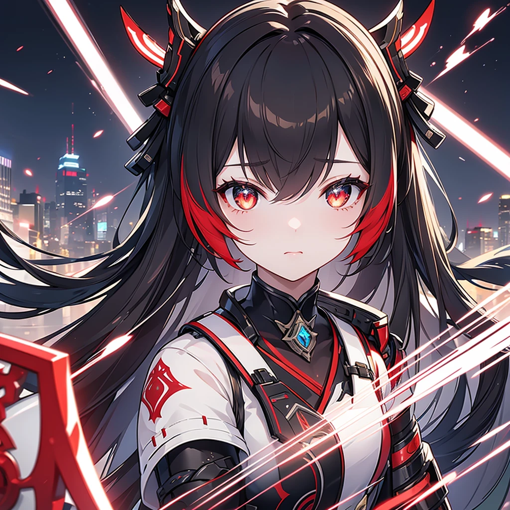Nai's original god: hu tao,Young girls, Alone, 's, Wear futuristic clothes, Complex weapons, Weapon distribution map (Location of power distribution parts and corresponding equipment, combi),Character drawing, Background with