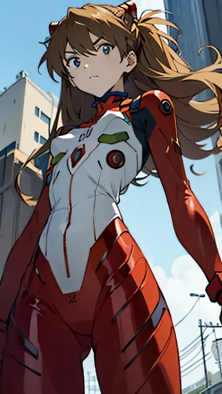 Asuka　Langley,  Bodysuit ,  headgear ,  PLUG SUIT, red  Bodysuit ,Open your crotch and stare ,Photo from below, small breasts