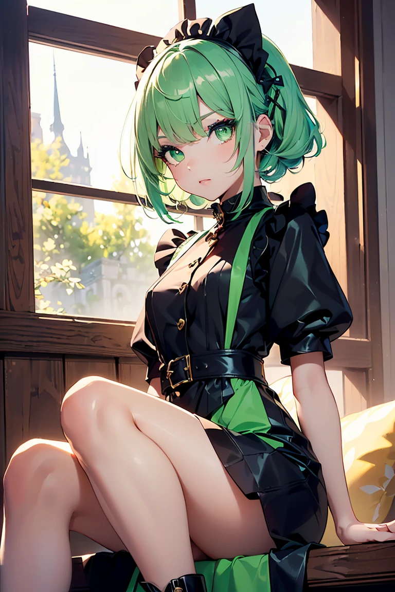 ((masterpiece, best quality)), (1girl, anime girl in the hotel room),(li, liirl,devil horn), (solo), (female focus), (green hair, messy hair),green eyes, ((evil)), ((short dress)), elegant, exposed shoulder, open shoulder, collarbone, portraits, close up, upper body, vibrant colors, soft lighting