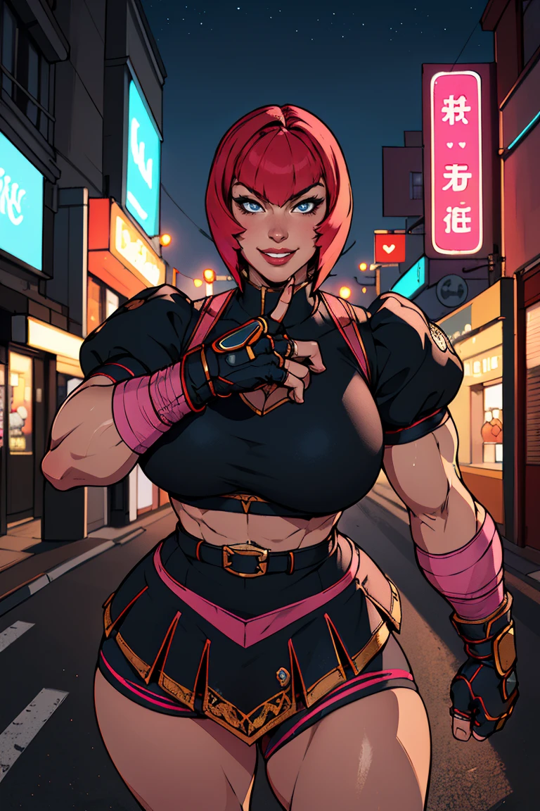 1girl,cowboy shot, beautiful nora_valkyrie, looking at viewer, smile, short red hair, blue eyes,heart cutout, gloves,  jacket, pink mini skirt, bike shorts, red bloomers, pink belt, short sleeves, puffy sleeves, single armband, fingerless gloves, orange hair, pink gloves, dynamic pose, night, outdoors, city, (volumetric lighting), best quality, masterpiece, intricate details, tonemapping, sharp focus, hyper detailed, trending on Artstation,