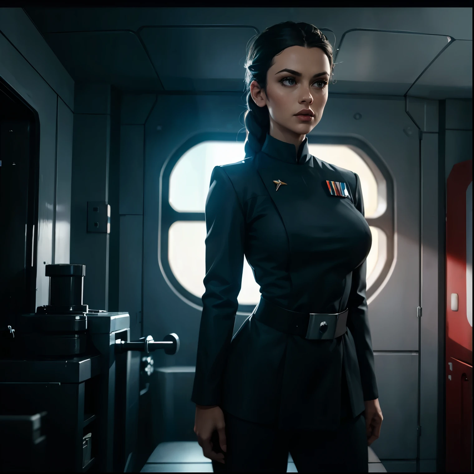 Incredibly detailed wide angle shot shot of a gorgeous and skinny woman with EXTREMELY SAGGY MASSIVE huge breasts, nipples visible through clothing, a narrow waist, a supermodel thin body, with VERY narrow hips, super thin legs, (bimbo lips), vivid eyes, extremely detailed face, (long hair styled in braid), Star Wars Imperial Officer black uniform, matte paint, atmospheric, bright lighting, standing inside an imperial space ship.