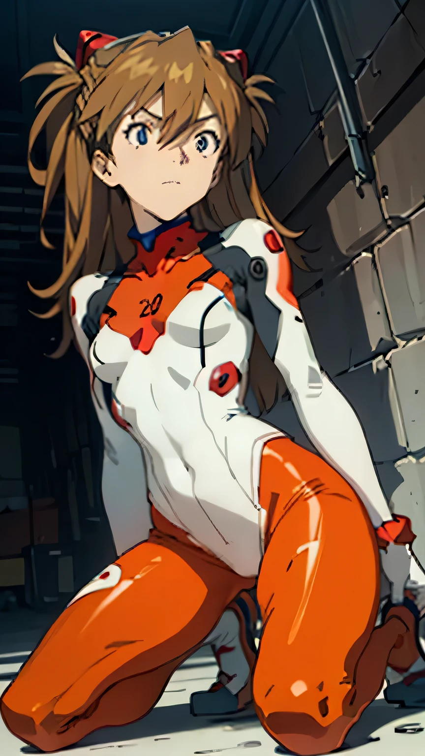 Asuka　Langley,  bodysuit,  headgear ,  PLUG SUIT, red  bodysuit,  natural light, masterpiece,  Very detailedな, Absurd, best quality, Very detailed, detailed face ,Particles of light, illumination, ( Very detailed:1.2),( detailed face :1.2), ( Gradient ),  software ,  colorful ,(Big Eyes:1.2),Underground Prison,((( slim,  thin waist,  Thin Thighs ,Thin arms, VERY SMALL BREASTS ))),((Intricate details of tight panties)),((Kneeling position, where the head is very small)), European race seen from below,  full body shot 、 gray background , SOPHITEA ALEXANDRA , small breasts, natural light, masterpiece,  Very detailedな, Absurd, best quality, Very detailed, detailed face ,Particles of light, illumination, ( Very detailed:1.2),( detailed face :1.2), ( Gradient ),  software ,  colorful ,(  beautiful eyes :1.2),Underground Prison,((壁上の磔刑)),(  Embarrassing Looks  ), can see underwear from a torn PLUG SUIT