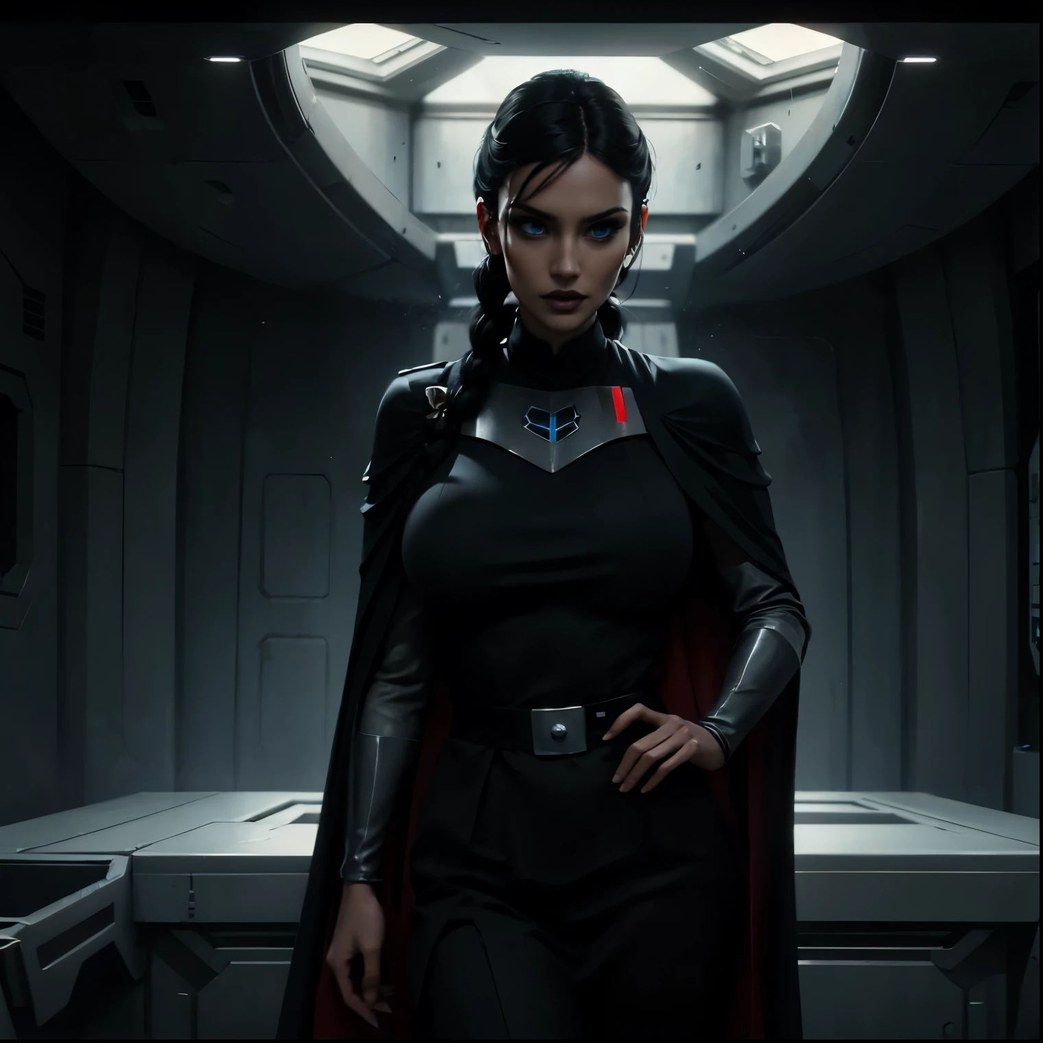 Incredibly detailed wide angle shot shot of a gorgeous and skinny woman with EXTREMELY SAGGY MASSIVE huge breasts, nipples visible through clothing, a narrow waist, a supermodel thin body, with VERY narrow hips, super thin legs, (bimbo lips), vivid blue eyes, extremely detailed face, thoughtful expression, (long ((black)) hair styled in braid), Star Wars Imperial Officer black uniform, ((crimson) admiral cape), matte paint, atmospheric, bright dramatic lighting, standing inside an imperial space ship.