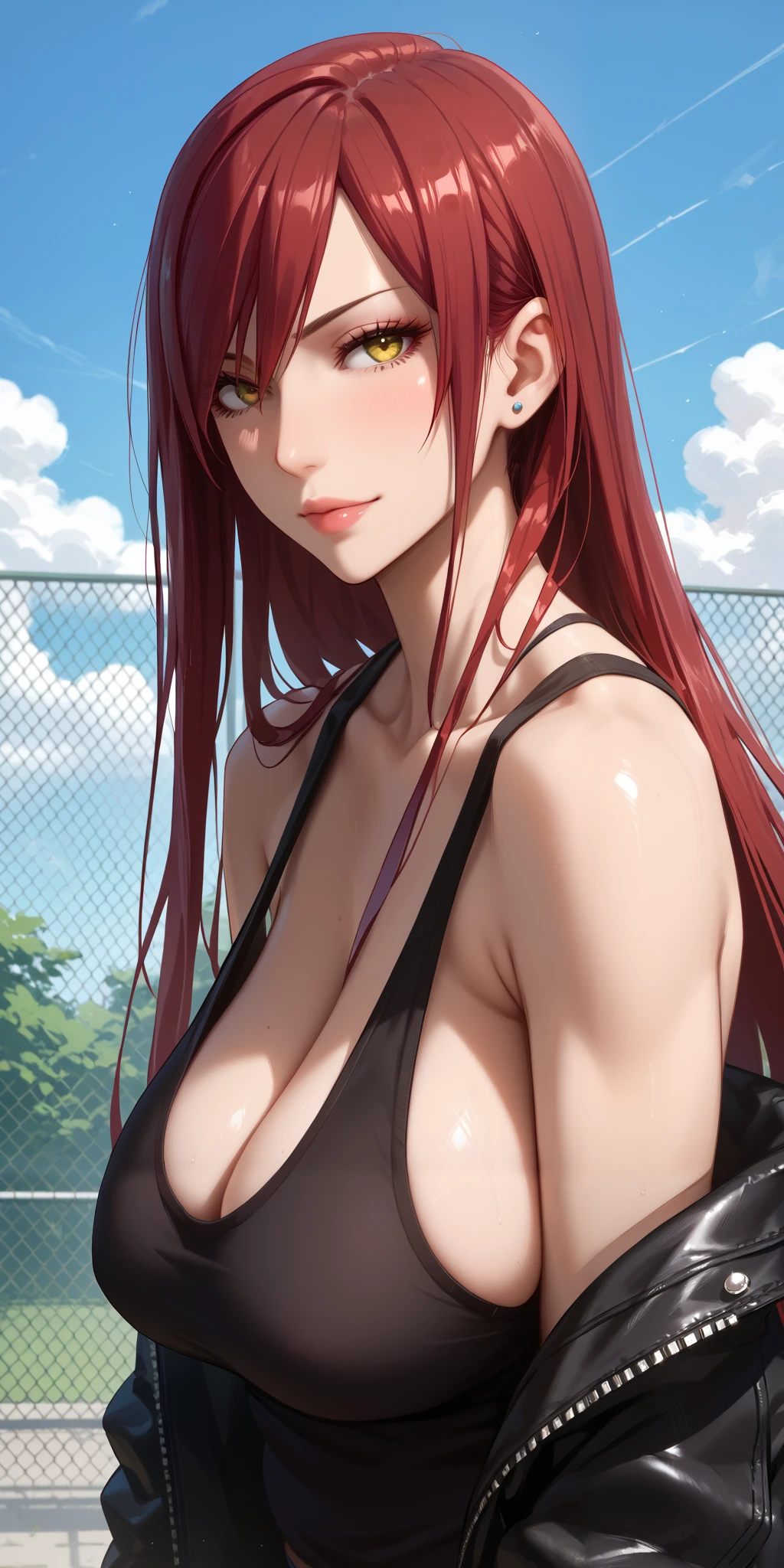 Score_9, Score_8_up, Score_7_up, Score_6_up, Score_5_up, Score_4_up, Source_anime, anime art, anime style, masterpiece, best quality, 1girl, mature woman, milf, curvaceous, thick body, long hair, side bangs, maroon hair, tank top, black jacket, open jacket, saggy breasts, erza, seductive, perfecteyes, yellow eyes, upper body, wire fence