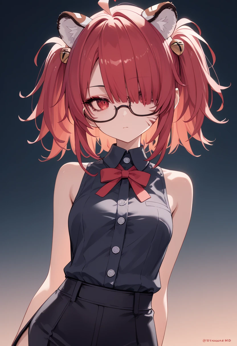  ,  hair covers the eye, rpg, sperm, bare shoulders, 1 girl,  long rad hair , 4K,  red eyes , , tiger ears,  duration, hair template ,   red stripes on face,  compose, black mascara, cutout,  unbuttoned buttons , sleeveless, brassiere, short dress, ,  glasses , at school, на четвереньках