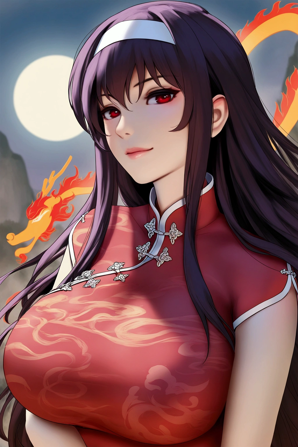 (kasumigaoka_utaha:1.0), seductive_smile, Best quality, masterpiece, ultra high resolution, 1 girl's portrait close-up, flowing hair, real skin, jewelry, solo, Chinese clothing, armor, (flame 1.2), moon, Chinese dragon, blurry, realistic, CG game, Chinese Zen, huge breasts, (very long hair:1.0),