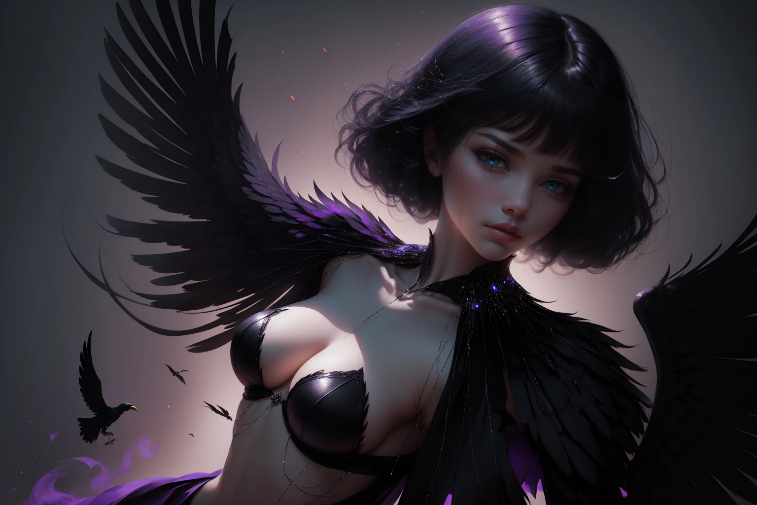 {-erro_de_anatomia:1.0} she has short hair, flowing raven-black hair, bangs, (waves) and pale, almost ethereal skin. Her eyes are a deep violet, giving her an otherworldly appearance. She dresses in flowing robes of dark purple and black, often adorned with symbols of the occultism, sexy, intigant, crows flying