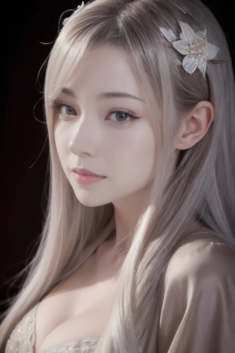 A beautiful silver-haired medieval woman with a soft face, perfect big brown eyes, detailed face, long eyelashes, wearing modest clothes, elegant silk flower background, cinematic photorealistic lighting, dramatic night scene, (best quality,4k,8k,highres,masterpiece:1.2),ultra-detailed,(realistic,photorealistic,photo-realistic:1.37),cinematic,dramatic,moody,warm light