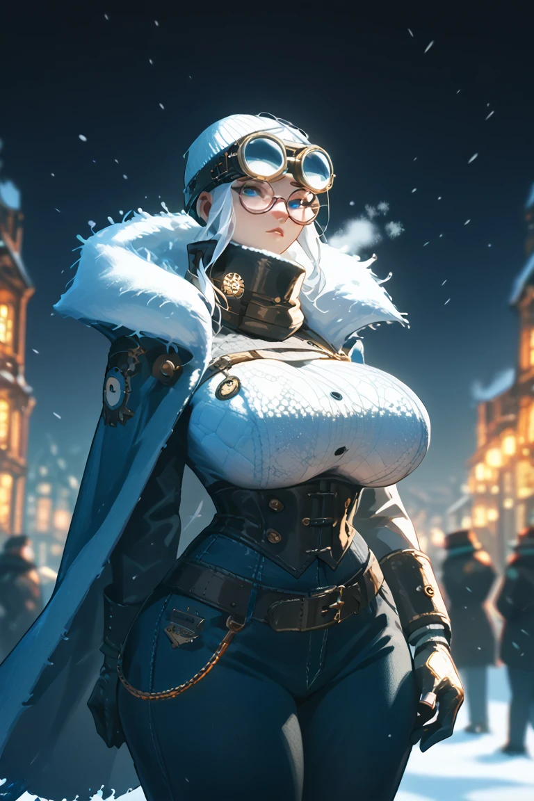 rating_questionable, 1girl, frost punk, snow, very short, short stack, Woman, brass goggles, heavy coat, Steampunk, White Hair, frostpunkfaction, giant breasts, blue eyes, round glasses, popped collar, thick, curvy, hyperass, huge thighs, stalwart, snowstorm, whiteout snowstorm Victorian city, frost punk, Woman, brass goggles on head, Steampunk, White Hair, frostpunk, frostpunkfaction, giant breasts, boob belt, chest belt, whiteout snow, high collar, blue eyes, round glasses, long pants, thick, curvy, scarf, engineer, overalls, heavy coat, machinist, portable generator, tubes, many layers, pilgrim, stalwart, ball grab, horse cock