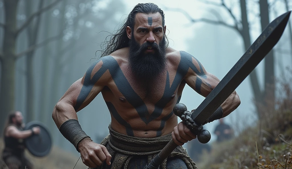 Draw a fierce Celtic warrior with an intense and brutal expression, featuring a thick mustache, shirtless, his muscular body covered in dark blue war paint forming bold, jagged stripes across his chest, arms, and face. He wears only a rough, tattered piece of fabric around his waist. In his hands, he firmly grips a massive, rugged sword with determination. His face shows a mask of rage and resolve, as if charging through the mist of battle, surrounded by the shadows of fallen warriors and dark trees in the background. Dramatic lighting highlights every detail of his muscles and war paint, with a gray backdrop emphasizing the intense focus in his eyes and the epic tension of the scene.