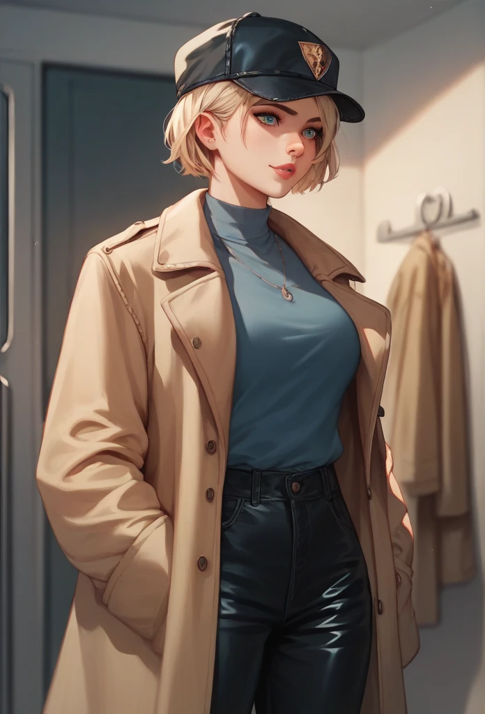 1 girl, High definition, short  hair, leather vest, shirt, pants, trenchcoat, eight-piece cap, meeting room,