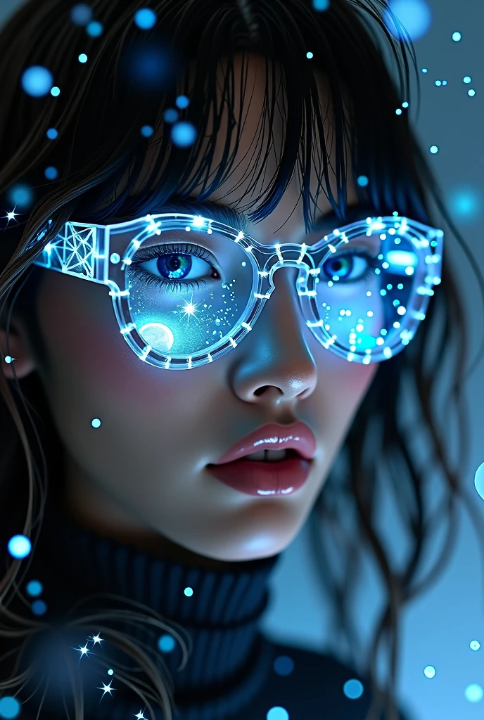 The model wears crystal sunglasses with stars and the moon in the glass