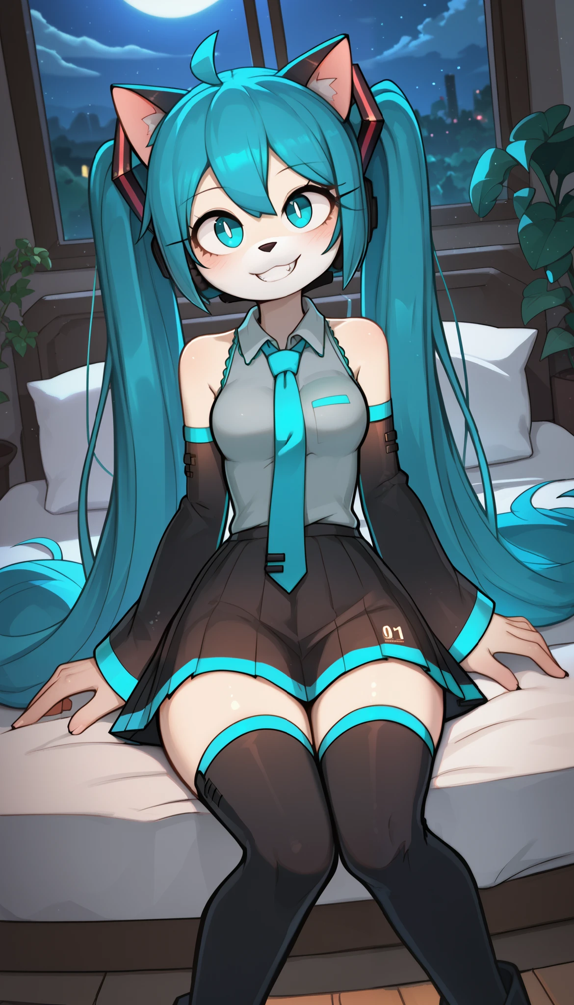 Cute expression, cute grin, cute eyes, 1girl, anthro, furry, white fur, fluffy fur, cat girl, blue eyes, (19-year-old), cat ears, medium breast, thick thighs, solo, (bedroom), (night), detailed, black stockings, (jizoku), miku hatsune, ahoge, aqua eyes, aqua hair, crossed bangs, hair between eyes, hair ornament, headphones, long hair, twintails, aqua necktie, black footwear, black skirt, black sleeves, boots, collared shirt, detached sleeves, grey shirt, necktie, pleated skirt, shirt, skirt, sleeveless, sleeveless shirt, thigh boots, tie clip, score_9, score_8_up, score_7_up, score_6_up, score_5_up, score_4_up