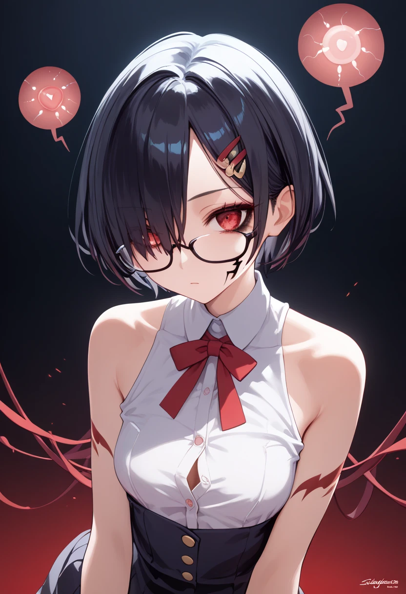  ,  hair covers the eye, rpg, sperm, bare shoulders, 1 girl,  long hair , 4K,  red eyes ,  duration, hair template ,   red stripes on face,  compose, black mascara, cutout,  unbuttoned buttons , sleeveless, brassiere, short dress, ,  glasses , at school, на четвереньках, ass