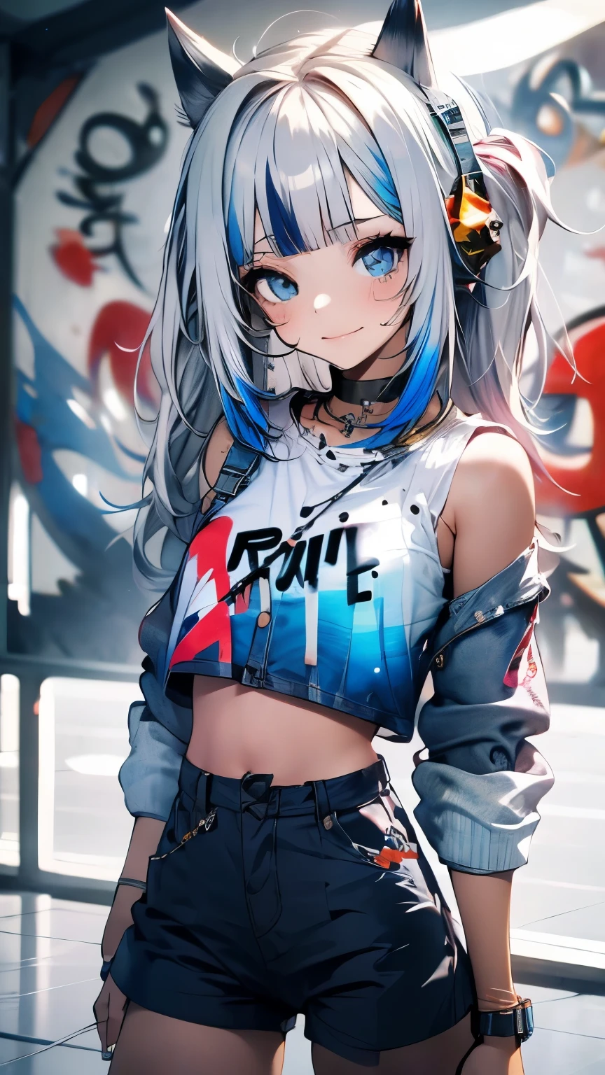 masterpiece, best quality, skinny nymph 1girl, solo, crop top, denim shorts, choker, (graffiti:1.5), paint splatter, arms behind back, against wall, looking at viewer, armband, thigh strap, paint on body, head tilt, bored, multicolored hair, aqua eyes, headset,