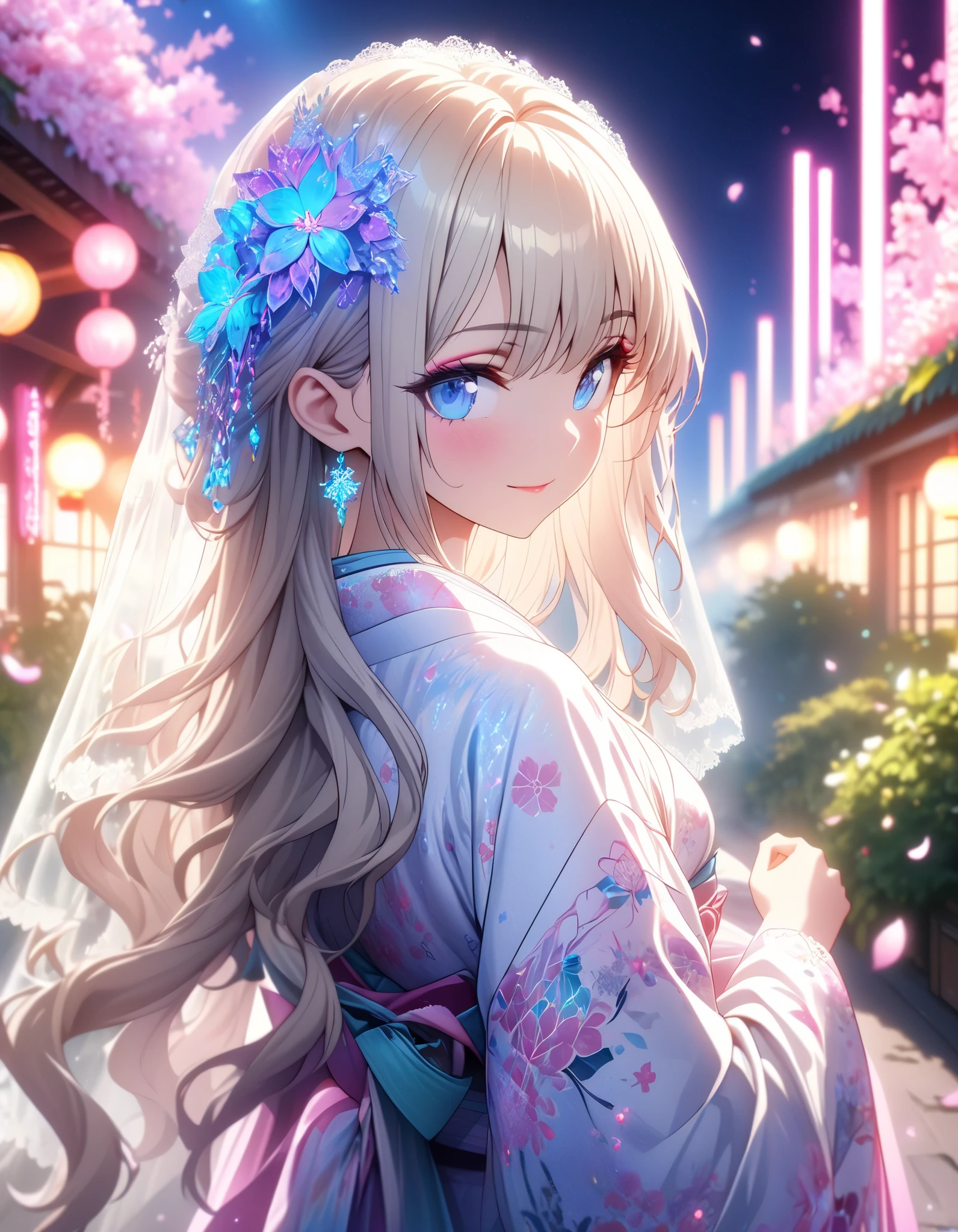 Anime girl with long hair wearing a kimono and a flower crown - SeaArt AI