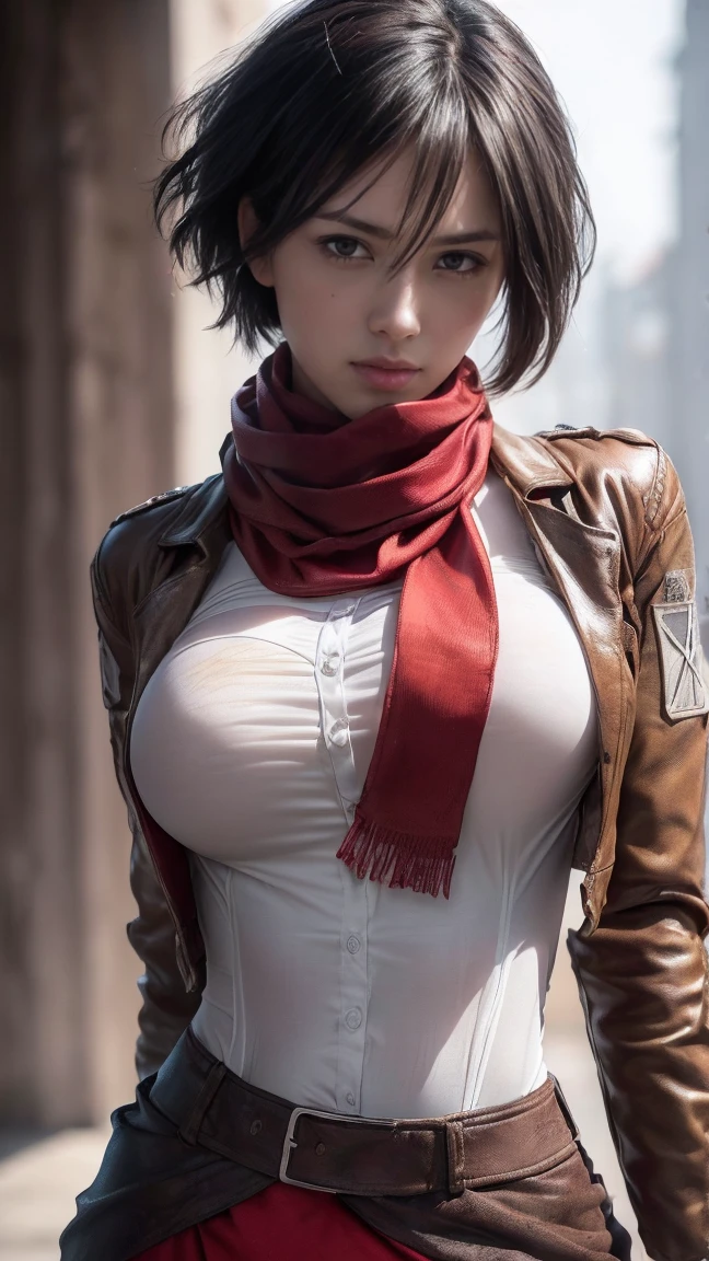 Mikasa, sexy, Attack on Titan, AOT character, Mikasa character, ((Mikasa cosplay)), ((A very cute caucasian girl cosplaying Mikasa, posing model style), ((blur background)), 1 girl, wide range photoshoot, wide range, (milf), beautiful face, clear face, ((hot body)), ((dark brown jacket and white shirt)), (((wearing red scarf))), short brown skirt, ((AOT)), ((military dress style)), ((cosplay dress)), ((((Huge breasts: 0.9)))), ((no breasts)), coverd, (((Realistic))), ((well dressed)), waist curve pose, front side, (8k, RAW photo, top quality, masterpiece), (Realistic, photorealistic: 1.9), ((Full body shot)), stylish pose, ((Highly detailed skin: 1.2)), ((Realistic: 1.9)), Photos, masterpieces, top quality, (beautiful blue eyes, gorgeous pale grey black hair, white skin, thick body, lower abdomen bristles, perfect slim figure), various poses, model pose, ultra-detailed face, detailed eyes, a lot of people are looking at her with excitement, (((close-up))), sun light, cinematic, ((photoshoot)), photography