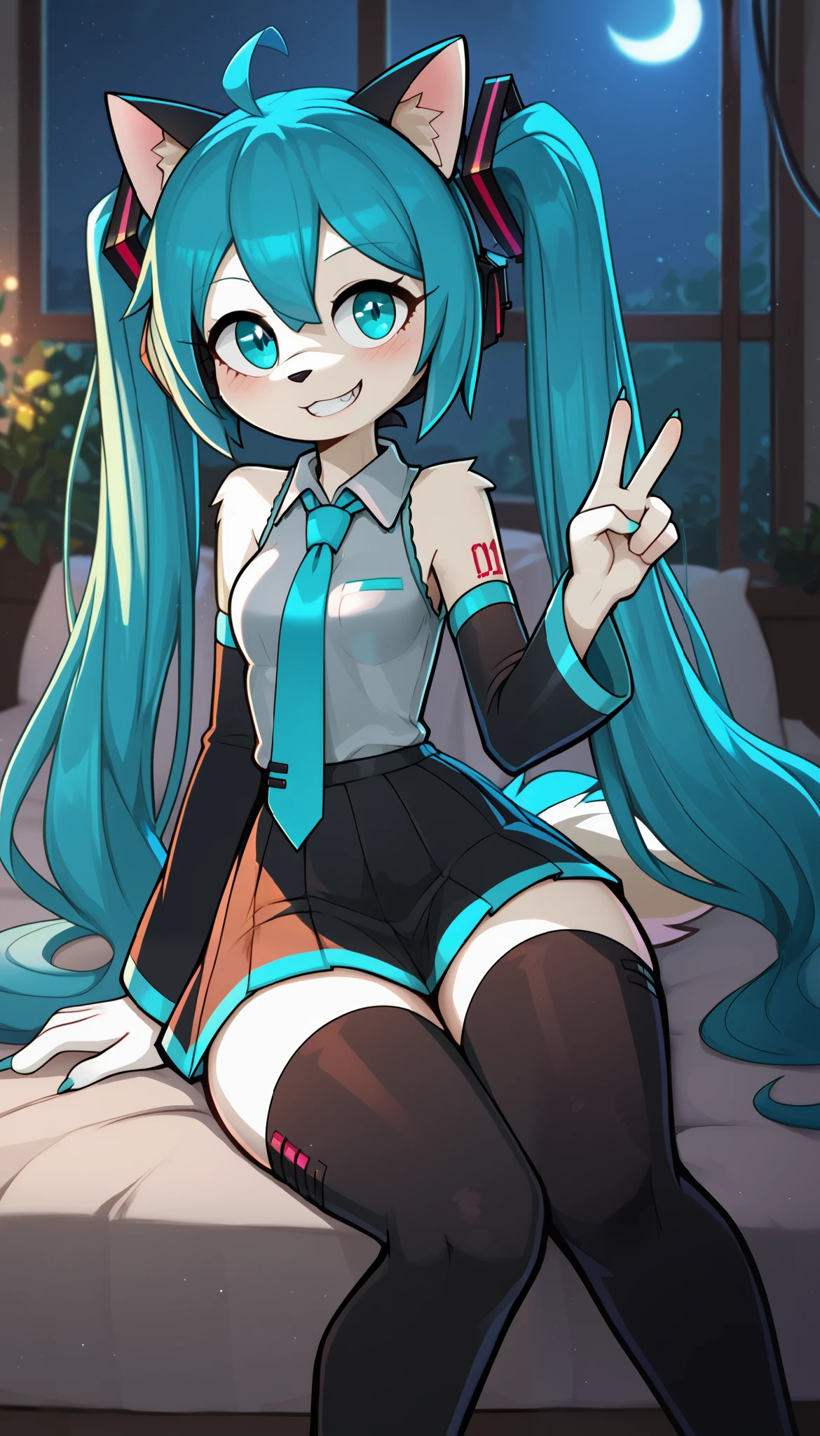 Cute expression, cute grin, cute eyes, 1girl, anthro, furry, white fur, fluffy fur, cat girl, blue eyes, (19-year-old), cat ears, medium breast, thick thighs, solo, (bedroom), (night), detailed, black stockings, (jizoku), miku hatsune, ahoge, aqua eyes, aqua hair, crossed bangs, hair between eyes, hair ornament, headphones, long hair, twintails, aqua necktie, black footwear, black skirt, black sleeves, boots, collared shirt, detached sleeves, grey shirt, necktie, pleated skirt, shirt, skirt, sleeveless, sleeveless shirt, thigh boots, tie clip, peace sign on both hands, score_9, score_8_up, score_7_up, score_6_up, score_5_up, score_4_up