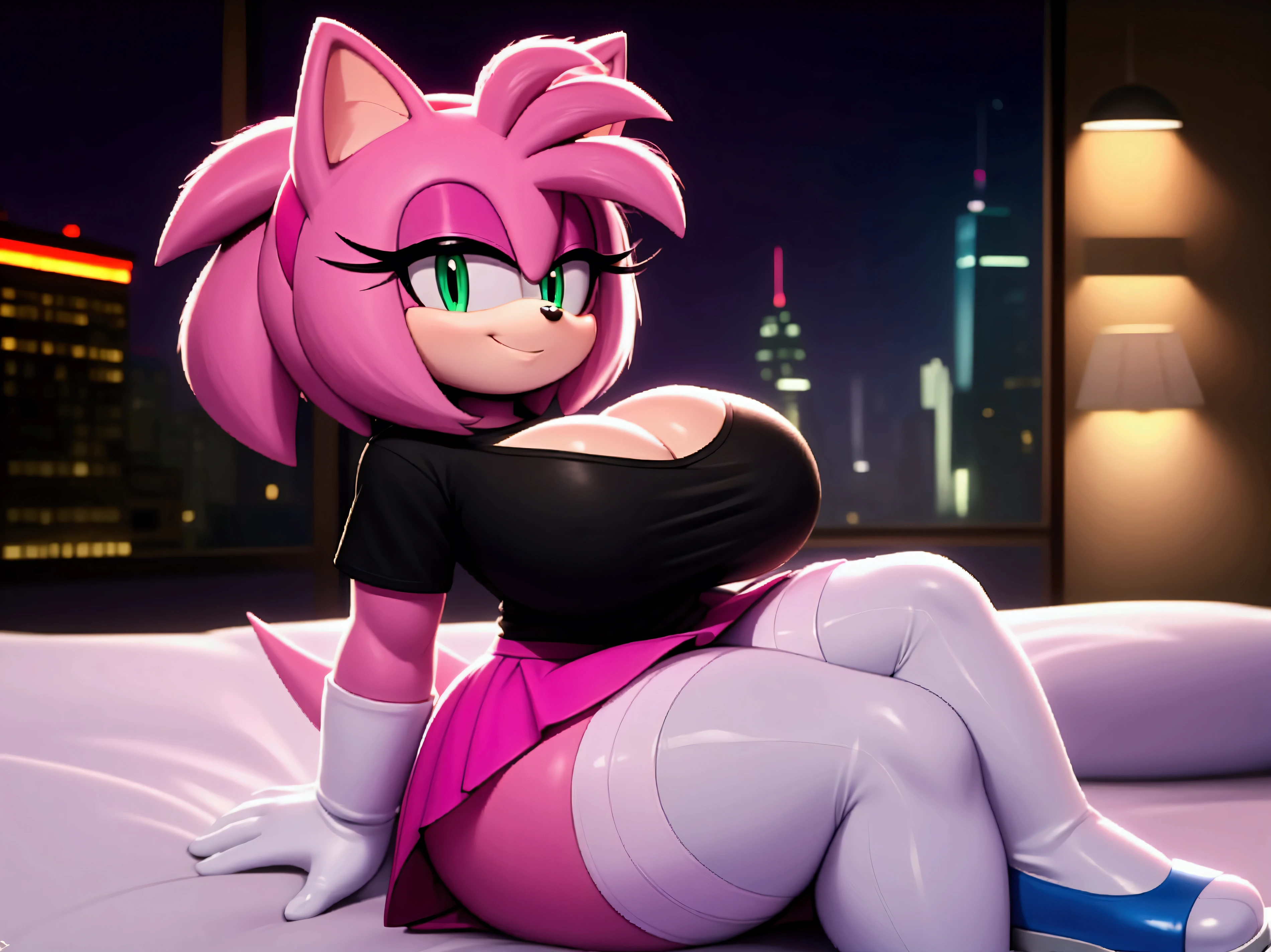 Amy Rose ,sitting on her knees facing forward ,in bed,in the background the city at night ,,lights on the ceiling,flirtatious look, big breasts, large thighs,white gloves,Smiling,large thighs,white skirt ,sky blue stockings with black straps,green eyes,white shoes , black t-shirt, mucama negro y blanco