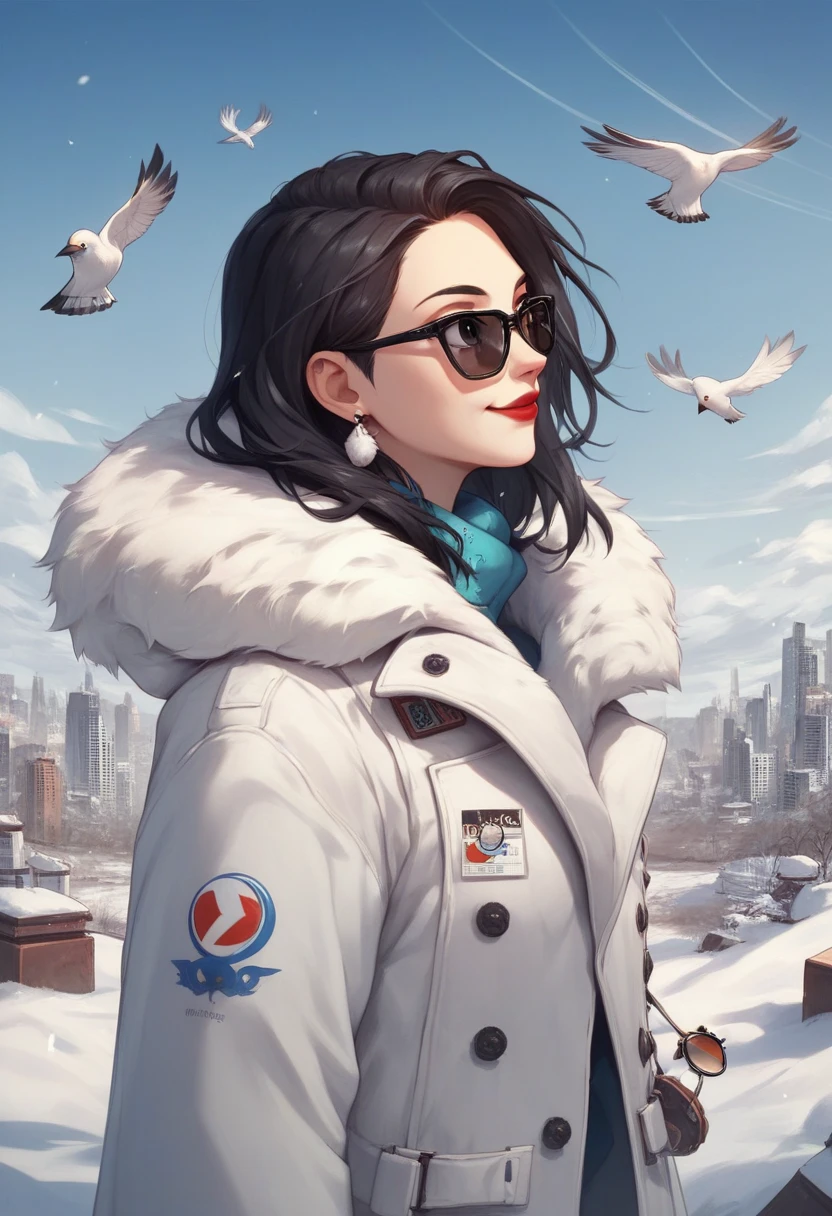 sam yang,, 1girl, animal, animal on shoulder, bird, black-framed eyewear, black eyes, black hair, blue sky, cityscape, clear sky, coat, day, earrings, eyewear hang, eyewear removed, fur coat, jacket, jewelry, long hair, looking to the side, outdoors, power lines, red lips, sky, smile, snow, solo, sunglasses, white bird, white coat, winter, winter clothes, , ((masterpiece))