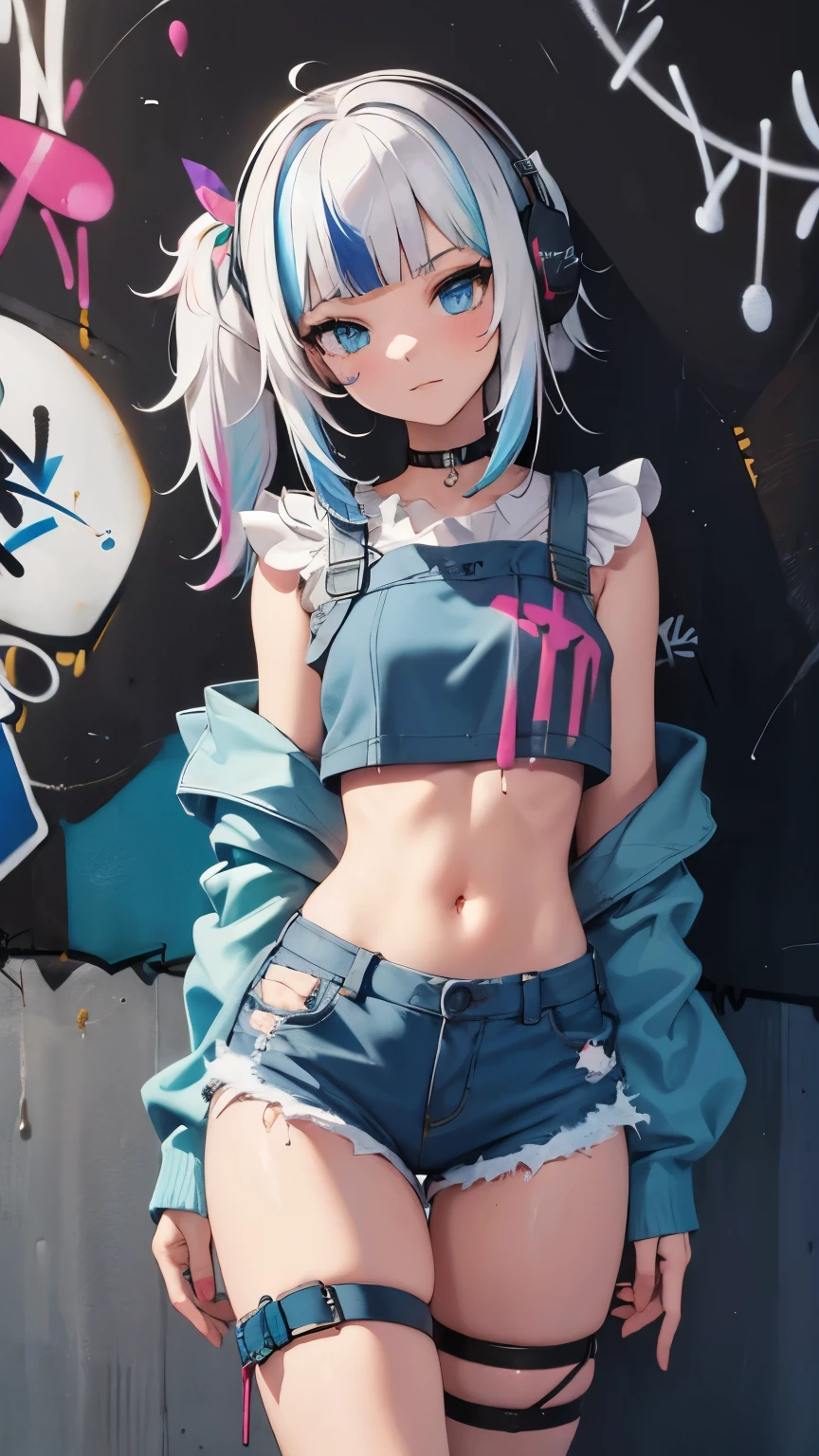 masterpiece, best quality, skinny nymph 1girl, solo, crop top, denim shorts, choker, (graffiti:1.5), paint splatter, arms behind back, against wall, looking at viewer, armband, thigh strap, paint on body, head tilt, bored, multicolored hair, aqua eyes, headset,