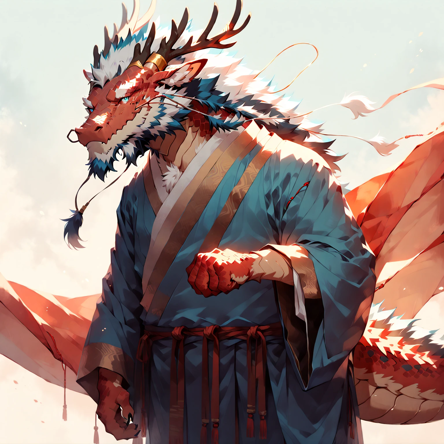 # Main Character: (Eastern Dragon Furry:1.8), muscular mature male, masterpiece, (full body portrait:1.4)

Dragon Features: (red scales:1.6), white belly scales, blue eyes, antlers, gray mane

Clothing: (simple traditional Eastern robes:1.2), (minimal clothing layers:1.3), clean fabric folds

Background: (solid color background:1.5), simple environment, (soft lighting:1.2), (warm color tones:1.3)