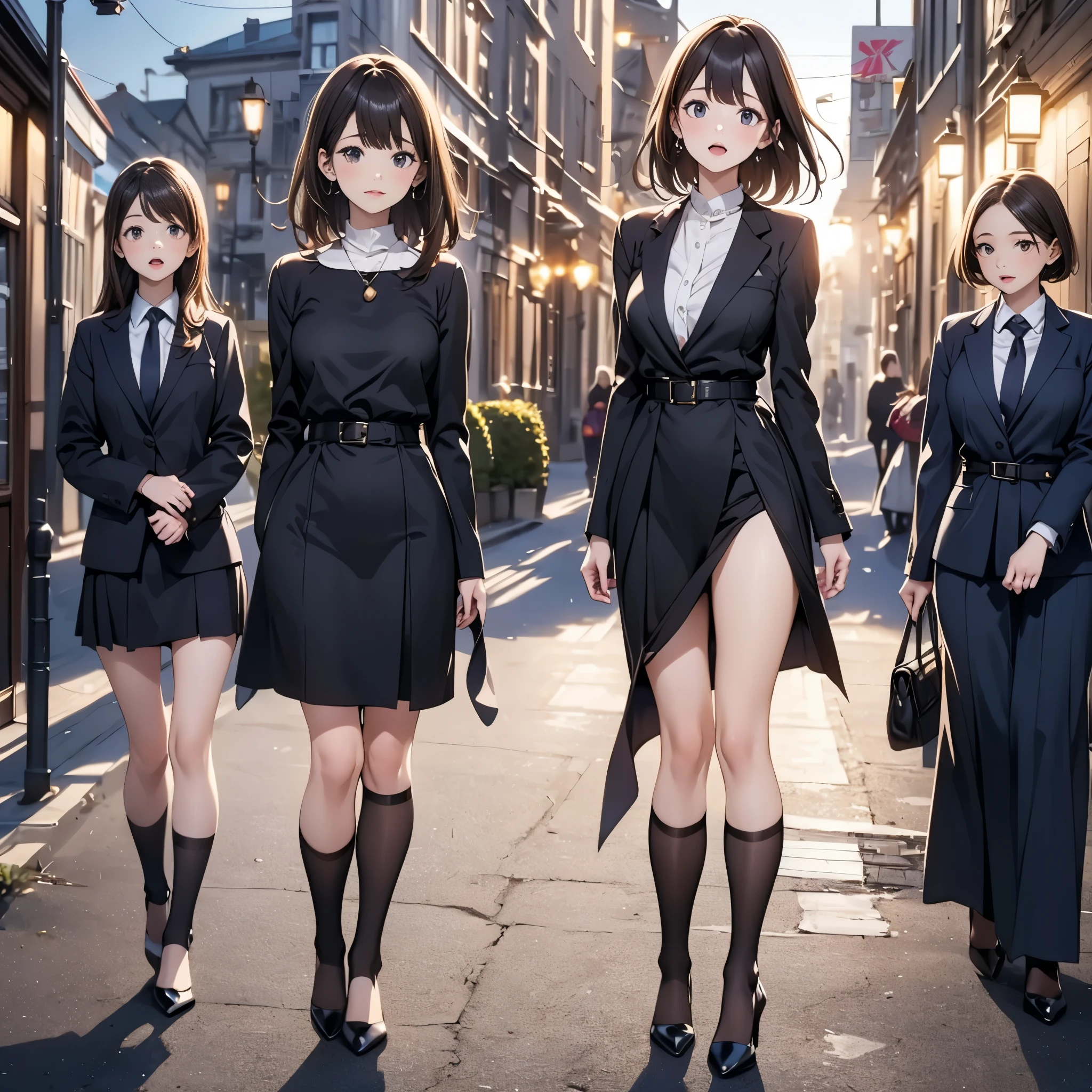 tmasterpiece,best qualtiy:1.4),Smooth movement,(2girls),(highest details),lacepantyhose,without wearing shoes,Whole body diagram,taking a walk,The kinky is exposed,big breasts exposed cleavage,Climb stairs,城市,Community。crowd of,Onlookers