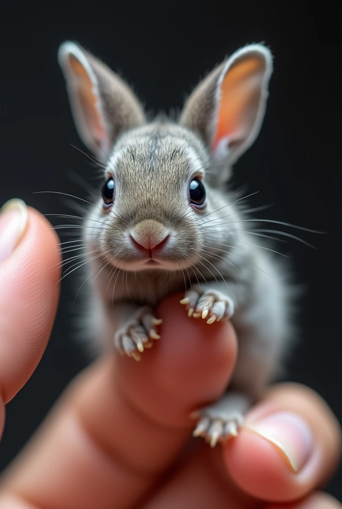 Photorealistic macro shot of a miniature newborn rabbit perched on a ...