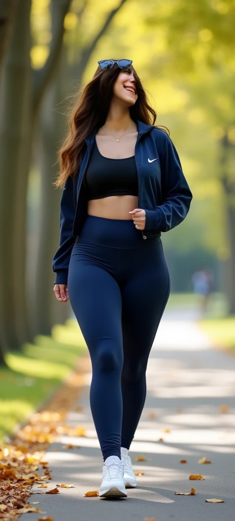 A young Caucasian woman with long brown hair wearing a blue shirt and tight blue leggings, walking on a dirt path surrounded by fallen leaves and foliage