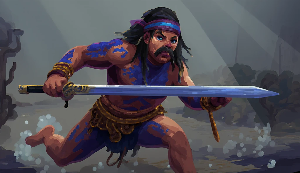 Draw a fierce Celtic warrior with an intense and brutal expression, featuring a thick mustache, shirtless, his muscular body covered in dark blue war paint forming bold, jagged stripes across his chest, arms, and face. He wears only a rough, tattered piece of fabric around his waist. In his hands, he firmly grips a massive, rugged sword with determination. His face shows a mask of rage and resolve, as if charging through the mist of battle, surrounded by the shadows of fallen warriors and dark trees in the background. Dramatic lighting highlights every detail of his muscles and war paint, with a gray backdrop emphasizing the intense focus in his eyes and the epic tension of the scene.