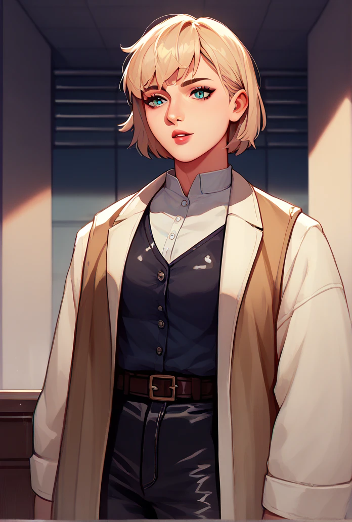 1 girl, High definition, leather vest, shirt, military pants, trenchcoat, meeting room,