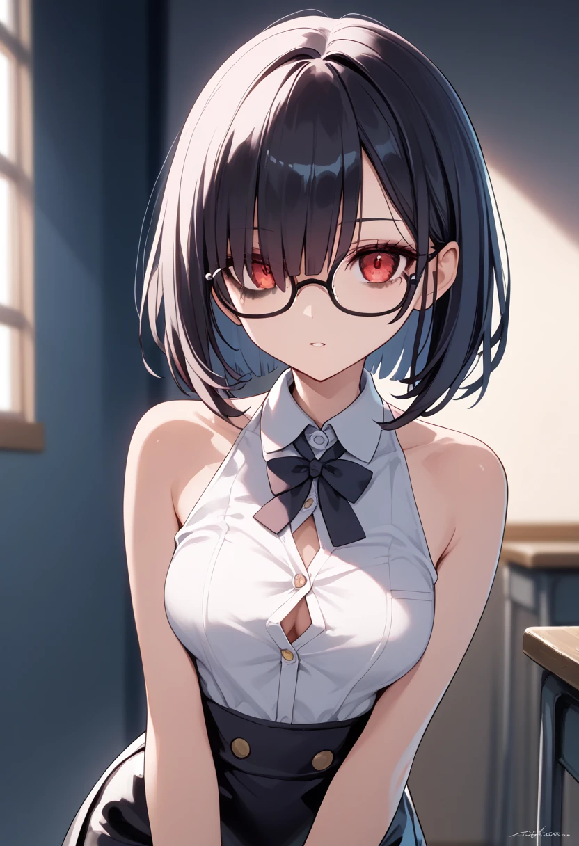  ,  hair covers the eye, rpg, bare shoulders, 1 girl,  bob hair , 4K,  red eyes ,  duration, hair template,  compose, black mascara, cutout,  unbuttoned buttons , sleeveless, brassiere, short dress, ,  glasses , at school, на четвереньках, большая грудь