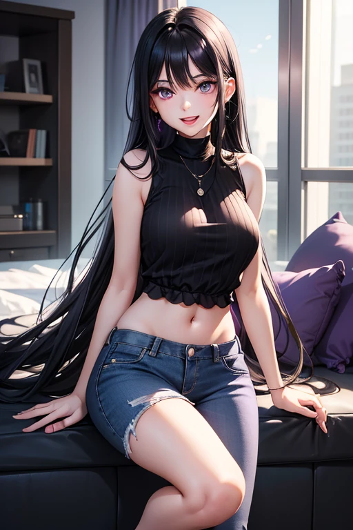 Jersey material is cotton、A slight smil、Transcendent beauty、Dark Gothic Makeup、Sweat glitters on my face、Sweat glitters on my thighs、The whole body is shiny with sweat.、Long hair straight hair、Purple hair、Transcendent cute face、Sit up、a bed、sprawl、Dark black knee-high socks、Dark Black Thigh Socks、Dark blush、masutepiece、8K、dark black eye shadow、24 year old、wretched、Sticky shiny thighs、Sweat a lot all over your body、chies、Too large tops、Sweat shining generously on the thighs、A smile、Smile、Underwear black、Transcendent Denim Short、Denim length super short、Mini Hot Pants、Tight denim、Slender system、Stained glass background、boredom、Sad face、Sweat glistens on my face、Stop Close-up、Wearing a black bra、Slender figure、Bust size is C cup、3D、Wear the Adidas jersey、