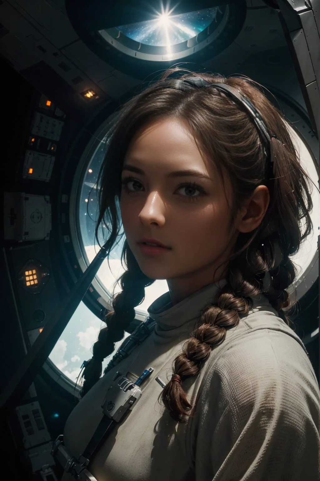 (8k, RAW photo, best quality, masterpiece), (photorealistic), outstanding details, ultra-high resolution, anatomically correct, textured skin, (Extremely precise and accurate anatomy),
Ultra Detailed Face, Detailed Eyes, 

(whole body), (full body), (Wide-angle lens effect:1.2),
a beautiful female space pilot,  Cute Japanese girl , 20-year-old, (light smile),  (Mouth slightly open) , 
(), Side braids, Brown Hair, cinematic lighting in the hair, hair light, wind in the hair,
the girl is floating around in zero gravity in a cabin of a futuristic spaceship, 
no gravity, weightless, flying around, Free to move up and down, 
A vast cylindrical cabin, a minimalist cabin,subdued light in the spaceship, lots of displayers and instruments are the main source for the light in the scene, displayers in orange and blue light, 
through a window in the spaceship we can see the black hole from the movie Interstellar, or a spiral galaxy, 
a glowing orange light from the planet outside the space ship is dominating the scene, 

morning sun, (backlighting), 
reflection light from below, 
atmospheric perspective, depth of field, 
(dramatic lighting), cinematic lighting, 
Artistic, Baroque, Cinematography, Portrait Photography,